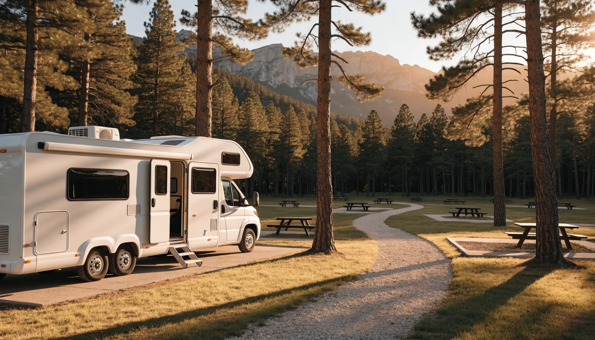 A Class A motorhome parked at a spacious national park campsite at golden hour