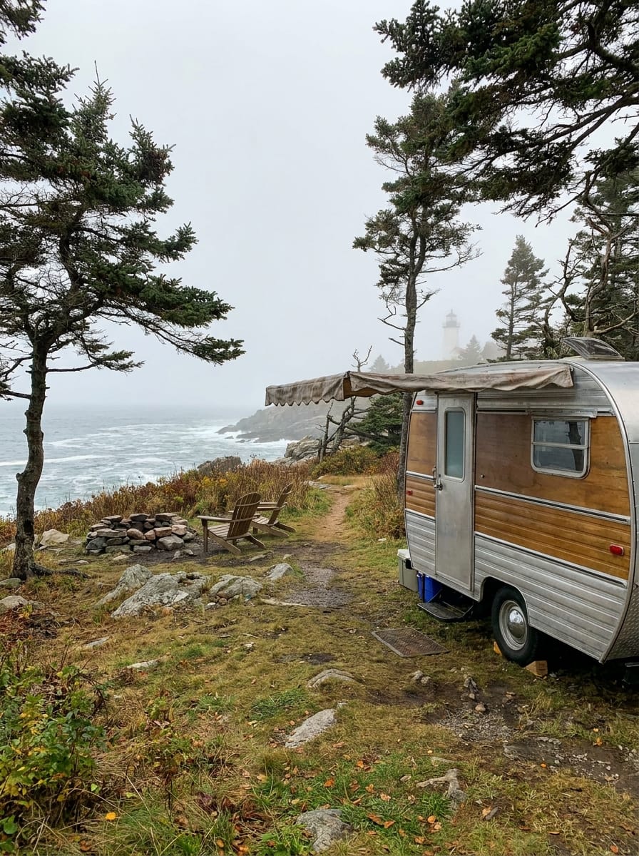 A small vintage travel trailer parked at a compact coastal campsite, typical of the wide range of campgrounds where a 20-foot RV comfortably fits