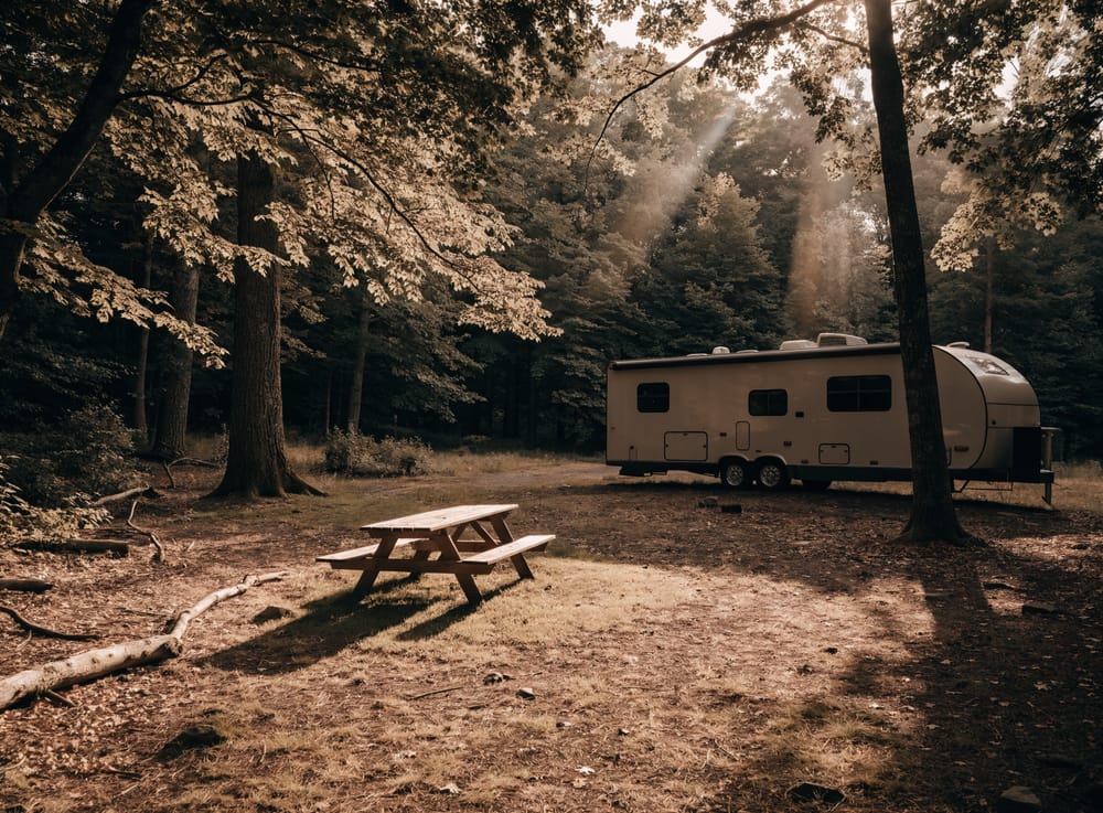 An RV parked in a sunlit wooded campsite, representative of the family-oriented forest campgrounds where mid-size Class C-range RVs commonly camp