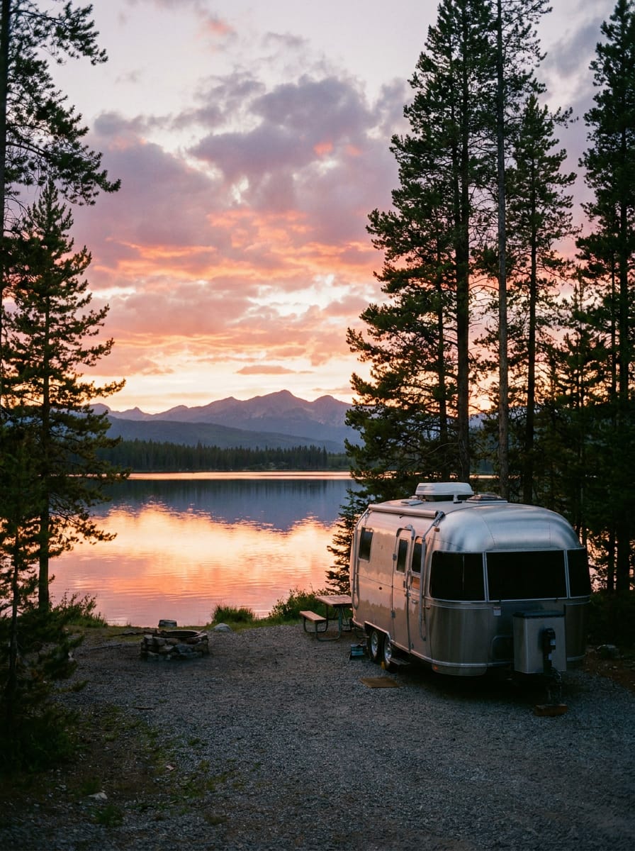 A large RV parked at a spacious lakeside campsite, typical of the Army Corps of Engineers campgrounds where most confirmed 40-foot sites are located