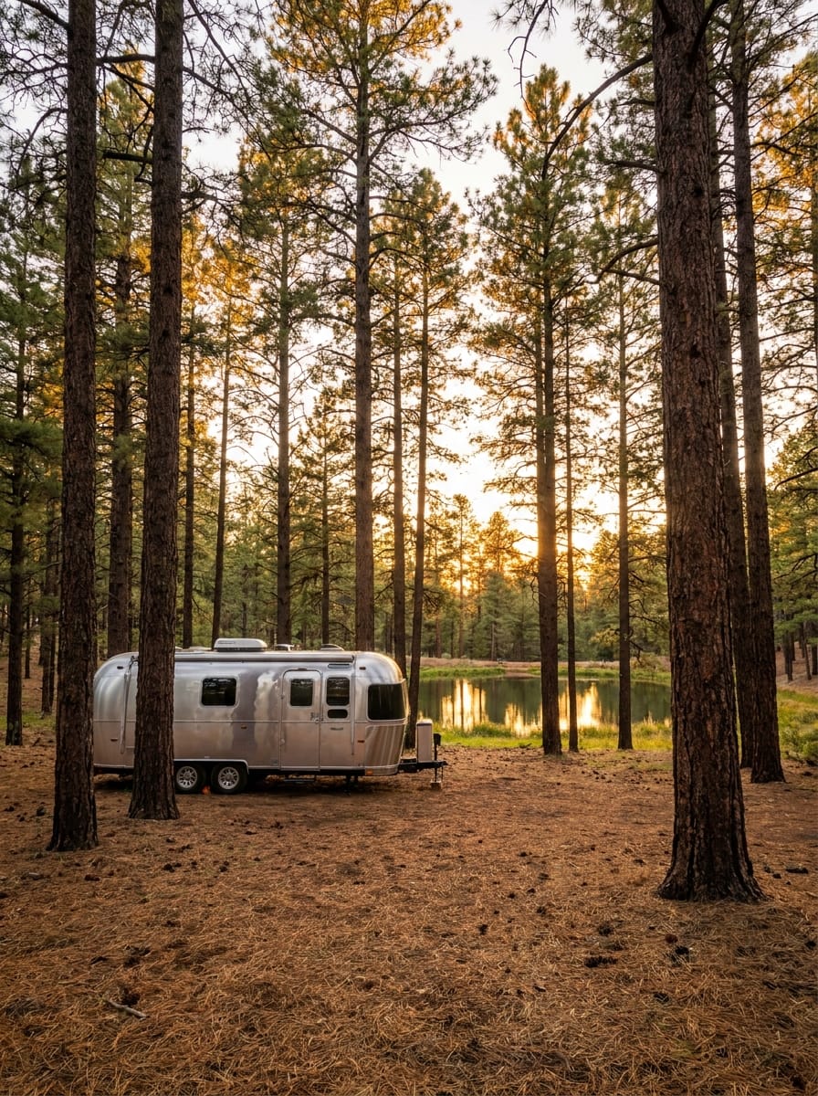 A large RV parked at a shaded, piney lakeside campsite typical of the Army Corps of Engineers reservoir campgrounds where most of Mississippi's confirmed 45-foot sites are located