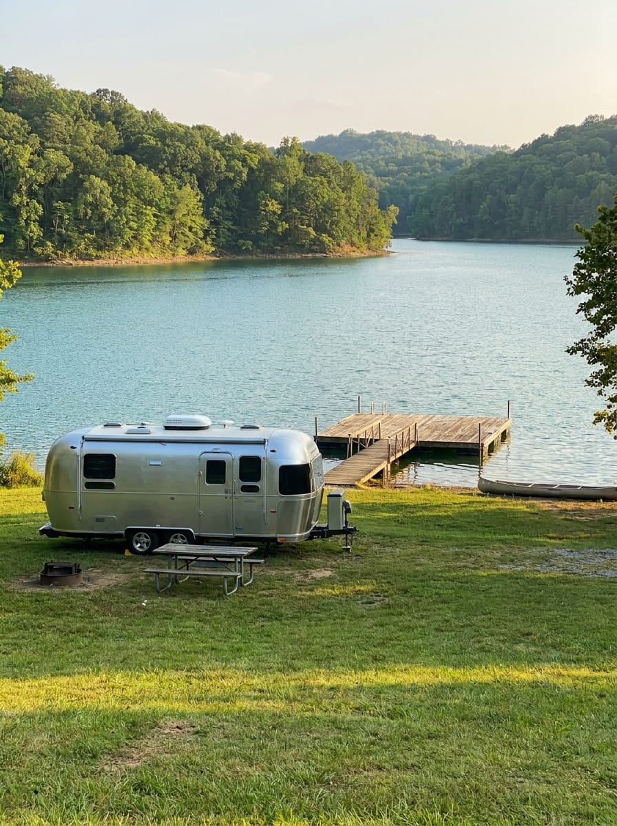 A large RV parked at a spacious reservoir campsite, similar to the central U.S. lake campgrounds where most confirmed 45-foot RV sites are concentrated
